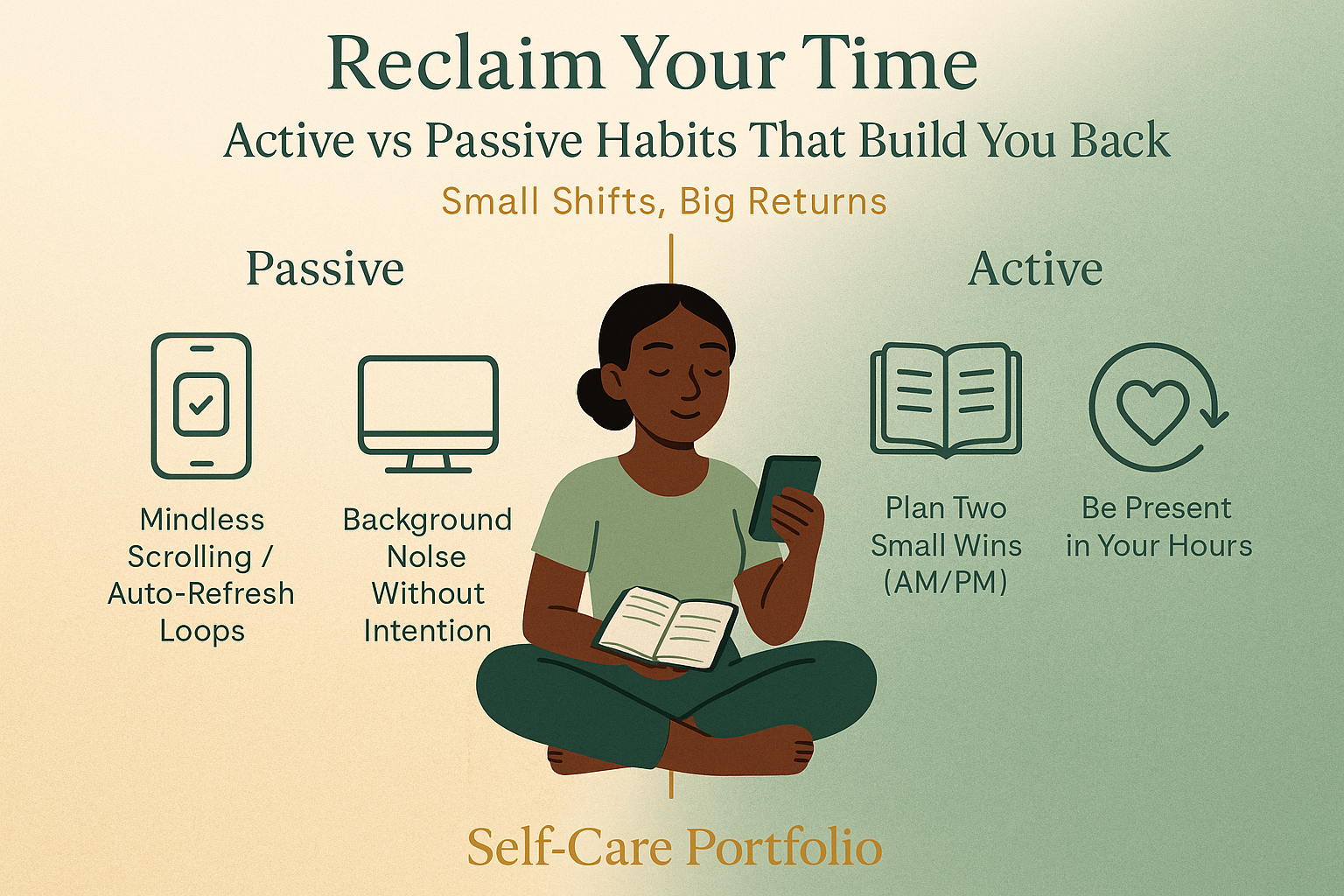 Landscape 16:9 editorial infographic titled “Reclaim Your Time: Active vs Passive Habits That Build You Back” in Self-Care Portfolio colors — deep green, sage, soft gold, and warm cream. The background is divided vertically, with a soft-gold gradient on the left for passive time and a muted sage gradient on the right for active time, separated by a thin gold line. On the left, minimalist icons show a smartphone and a TV labeled “Mindless Scrolling / Auto-Refresh Loops” and “Background Noise Without Intention.” In the center, Nova (a dark-skinned Black woman with type-4 hair in a low bun) sits cross-legged, holding a planner and phone, facing the active side. On the right, icons of an open notebook and a heart within a clock are labeled “Plan Two Small Wins (AM/PM)” and “Be Present in Your Hours.” The title and subtitle appear at the top, and a centered gold “Self-Care Portfolio” watermark appears at the bottom. The mood is calm, mindful, and gently motivating.