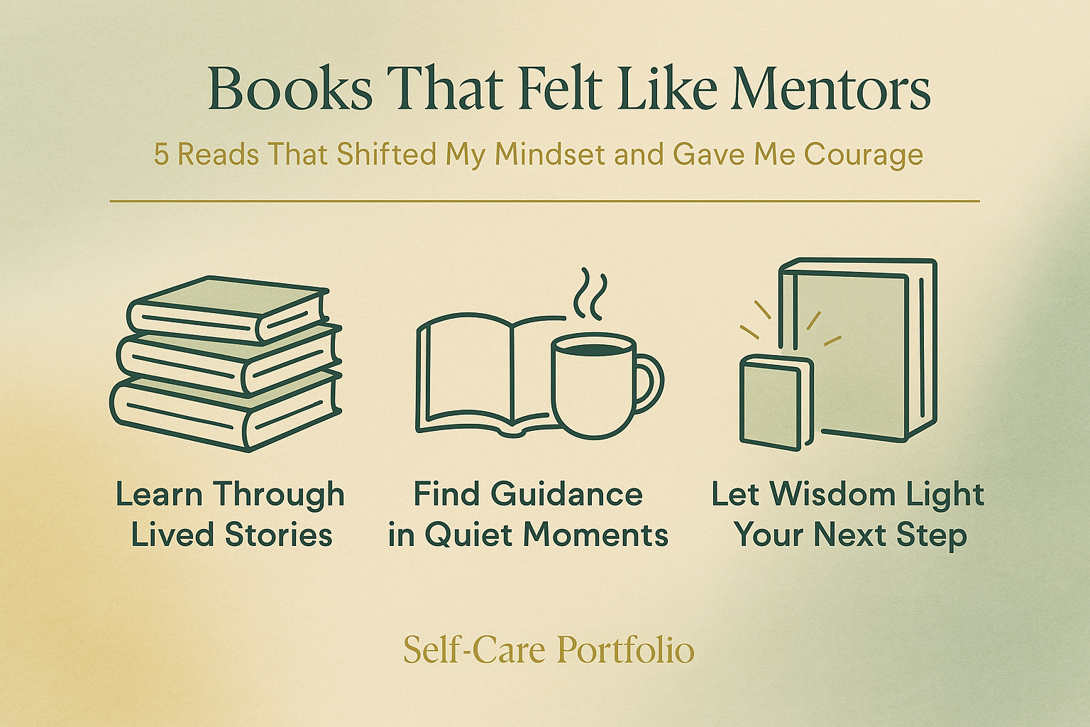 Landscape 16:9 editorial infographic titled “Books That Felt Like Mentors” in Self-Care Portfolio colors — deep green, sage, soft gold, and warm cream. A soft sage-to-gold watercolor gradient fills the background. Three minimalist dark-green line icons with gold accents are evenly spaced across the center: a stack of books labeled “Learn Through Lived Stories,” an open book with a steaming mug labeled “Find Guidance in Quiet Moments,” and a large hardcover beside a smaller paperback glowing softly labeled “Let Wisdom Light Your Next Step.” The title and subtitle appear at the top with a thin gold underline, and a centered gold “Self-Care Portfolio” watermark sits at the bottom. The mood is warm, reflective, and inspiring.