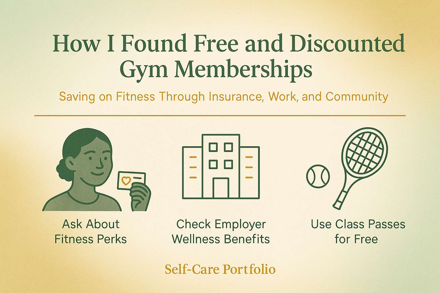 Landscape 16:9 editorial infographic titled “How I Found Free and Discounted Gym Memberships” in Self-Care Portfolio colors — deep green, sage, soft gold, and warm cream. The background features a soft watercolor gradient fading from sage to gold for a calm, reflective tone. Three minimalist dark-green line icons with gold accents are evenly spaced across the center: Nova (a Black woman with dark brown skin and type-4 hair in a low bun) smiling confidently while holding a small gym card labeled “Ask About Fitness Perks,” an office building labeled “Check Employer Wellness Benefits,” and a tennis racket with a small ball labeled “Use Class Passes for Free.” A thin gold underline separates the title and icons, and “Self-Care Portfolio” appears centered in soft gold at the bottom. The overall mood is grounded, motivational, and financially mindful.