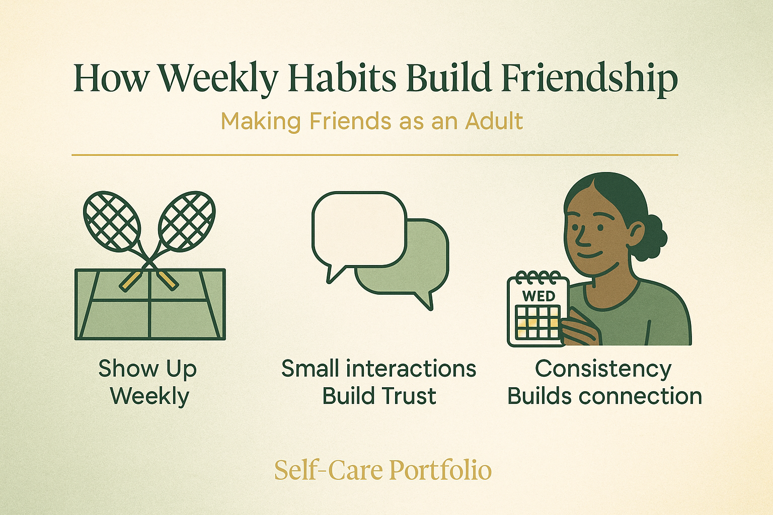 Landscape 16:9 editorial infographic titled “How Weekly Habits Build Friendship” with subtitle “Making Friends as an Adult,” designed in Self-Care Portfolio colors — deep green, sage, soft gold, and warm cream. The background features a soft watercolor gradient blending sage and gold for warmth. Three minimalist dark-green line icons with soft-gold accents are evenly spaced across the center: a tennis court with two crossed rackets labeled “Show Up Weekly,” three overlapping chat bubbles labeled “Small Interactions Build Trust,” and Nova — a dark-skinned Black woman with type-4 hair in a low bun — smiling softly while holding a small weekly calendar with Wednesday evenings highlighted in soft gold labeled “Consistency Builds Connection.” A thin gold underline separates the title from the icons, and a centered gold “Self-Care Portfolio” watermark appears at the bottom. The overall mood is warm, hopeful, and community-centered.