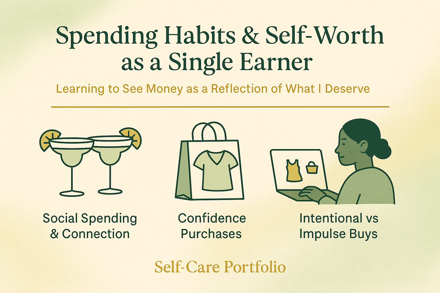Landscape 16:9 editorial infographic titled “Spending Habits & Self-Worth as a Single Earner” in Self-Care Portfolio colors — deep green, sage, soft gold, and warm cream. A sage-to-gold watercolor gradient creates a warm, reflective background. Three minimalist icons with dark-green outlines and gold accents are evenly spaced across the center: two margarita glasses labeled “Social Spending & Connection,” a shopping bag with clothes labeled “Confidence Purchases,” and Nova (a dark-skinned Black woman with type-4 hair in a low bun) calmly online shopping labeled “Intentional vs Impulse Buys.” The title and subtitle appear at the top with a thin gold underline, and “Self-Care Portfolio” is centered at the bottom. The overall mood is calm, self-aware, and empowering.