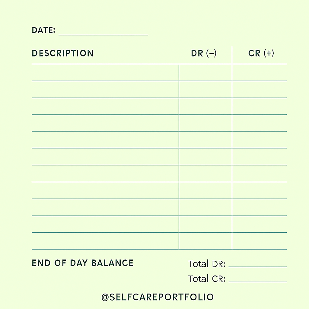 Self Care Ledger with emotional debits and credits plus end of day balance for emotional wellness