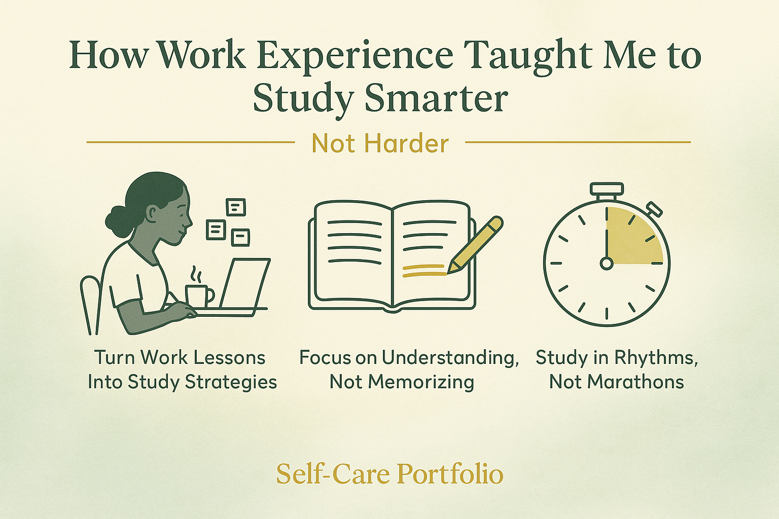 Landscape 16:9 editorial infographic titled “How Work Experience Taught Me to Study Smarter (Not Harder)” in Self-Care Portfolio colors — deep green, sage, soft gold, and warm cream. The background features a soft watercolor gradient blending sage and gold. Three minimalist dark-green line icons with gold and yellow accents are evenly spaced across the center: Nova (a dark-skinned Black woman with type-4 hair in a low bun) sitting at a desk with a laptop labeled “Turn Work Lessons Into Study Strategies,” an open notebook with a yellow highlighter stroke labeled “Focus on Understanding, Not Memorizing,” and a Pomodoro-style timer labeled “Study in Rhythms, Not Marathons.” The title and subtitle appear at the top with a thin gold underline, and “Self-Care Portfolio” appears centered in gold at the bottom. The overall mood is calm, reflective, and confident.
