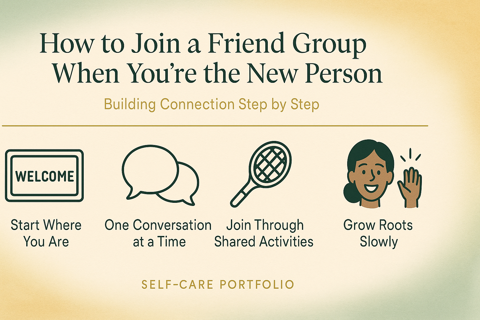 Landscape 16:9 editorial infographic titled “How to Join a Friend Group When You’re the New Person” in Self-Care Portfolio colors — deep green, sage, soft gold, and warm cream. The background features a soft watercolor gradient from sage to gold for a welcoming, grounded tone. Four minimalist dark-green line icons with gold accents are evenly spaced across the center: a welcome mat labeled “Start Where You Are,” two overlapping chat bubbles labeled “One Conversation at a Time,” a tennis racket labeled “Join Through Shared Activities,” and Nova’s smiling face icon (Black woman with dark brown skin and type-4 hair in a low bun, waving softly) labeled “Grow Roots Slowly.” The title and subtitle appear at the top with a thin gold underline, and a centered soft-gold “Self-Care Portfolio” watermark appears at the bottom. The overall mood is calm, warm, and inviting.