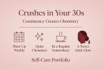 A pink, minimalist infographic titled ‘Crushes in Your 30s: Consistency Creates Chemistry.’ The design features four wine-red icons and captions: a calendar labeled ‘Show Up Weekly,’ sparkles labeled ‘Quiet Chemistry,’ a coffee cup labeled ‘Be a Regular Somewhere,’ and an illustrated dark-skinned woman with natural hair in a low bun labeled ‘A Sweet Little Glow.’ The footer reads ‘Self-Care Portfolio.’