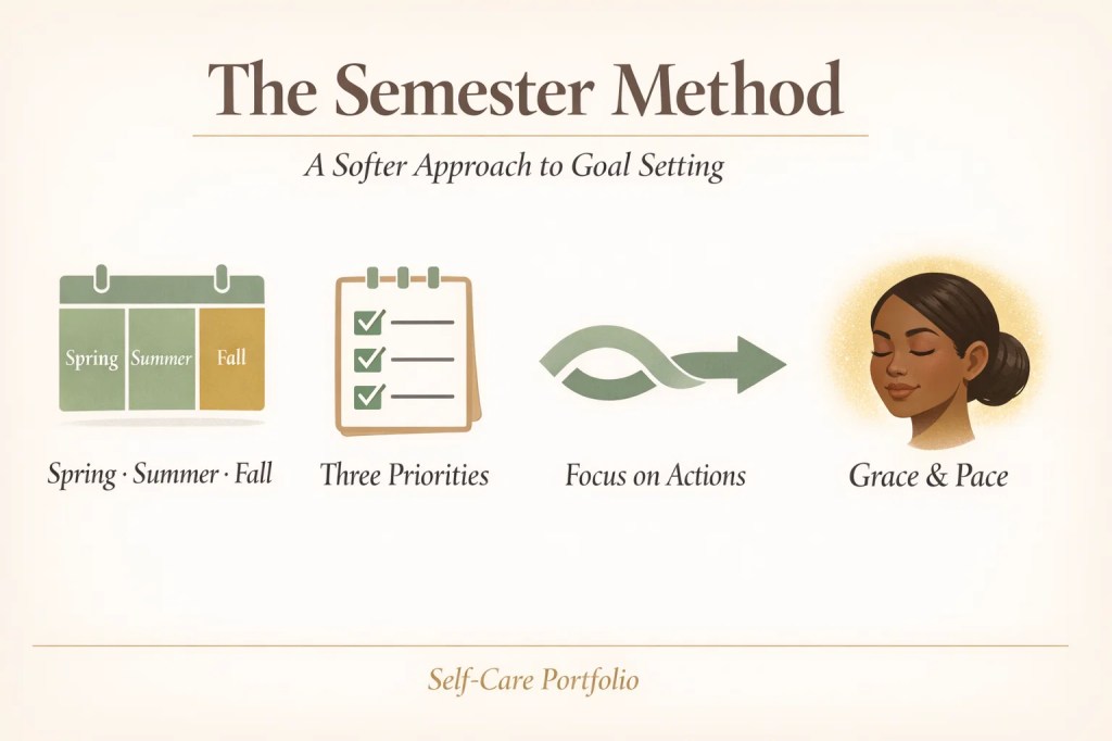 Landscape 16:9 hero-style editorial infographic designed for large, readable text and icons. Background in warm cream or soft parchment beige (avoid gray or gray-green tones). Color palette: muted sage green, soft gold accents, warm neutrals. Very large, bold serif title centered at the top, occupying clear visual dominance, reads: “The Semester Method” Medium-large serif subtitle directly beneath the title reads: “A Softer Approach to Goal Setting” Four large, clearly visible icons arranged in a single row across the center. Icons should be prominent and easy to recognize at a glance, not decorative or small. Each icon has a large, legible serif label (headline-sized, not caption-sized) directly underneath. Labels must be readable on mobile screens. • Large calendar icon divided into three equal sections — label: “Spring · Summer · Fall” • Large checklist icon with three items — label: “Three Priorities” • Large pathway or forward arrow icon — label: “Focus on Actions” • Large Nova face icon (dark brown skin, type-4 low bun, calm expression) with a soft gold halo glow — label: “Grace & Pace” Icons and text should fill the frame confidently with generous spacing — avoid excess empty space. Clean editorial layout, calm and grounded mood, optimized for readability. Thin soft-gold divider line near the bottom. Footer text centered at the bottom in clearly readable serif font reads: “Self-Care Portfolio” in soft gold.