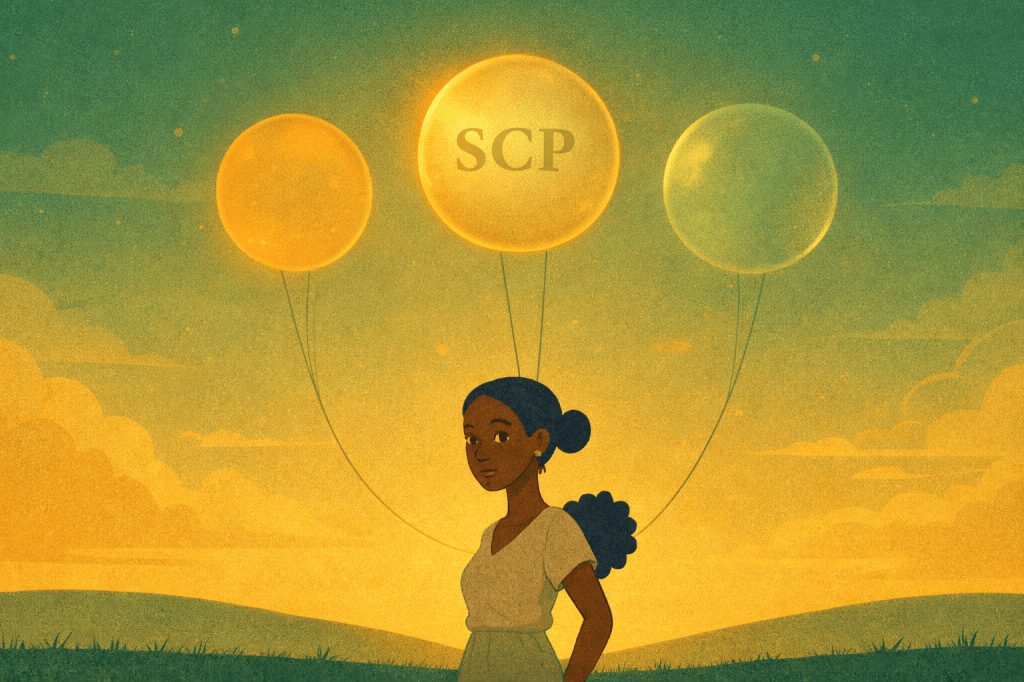 Illustrated Black woman standing calmly in a green and golden landscape, with three softly glowing balloons floating above her—one centered balloon marked “SCP” and two abstract balloons—evoking clarity, balance, and quiet reflection