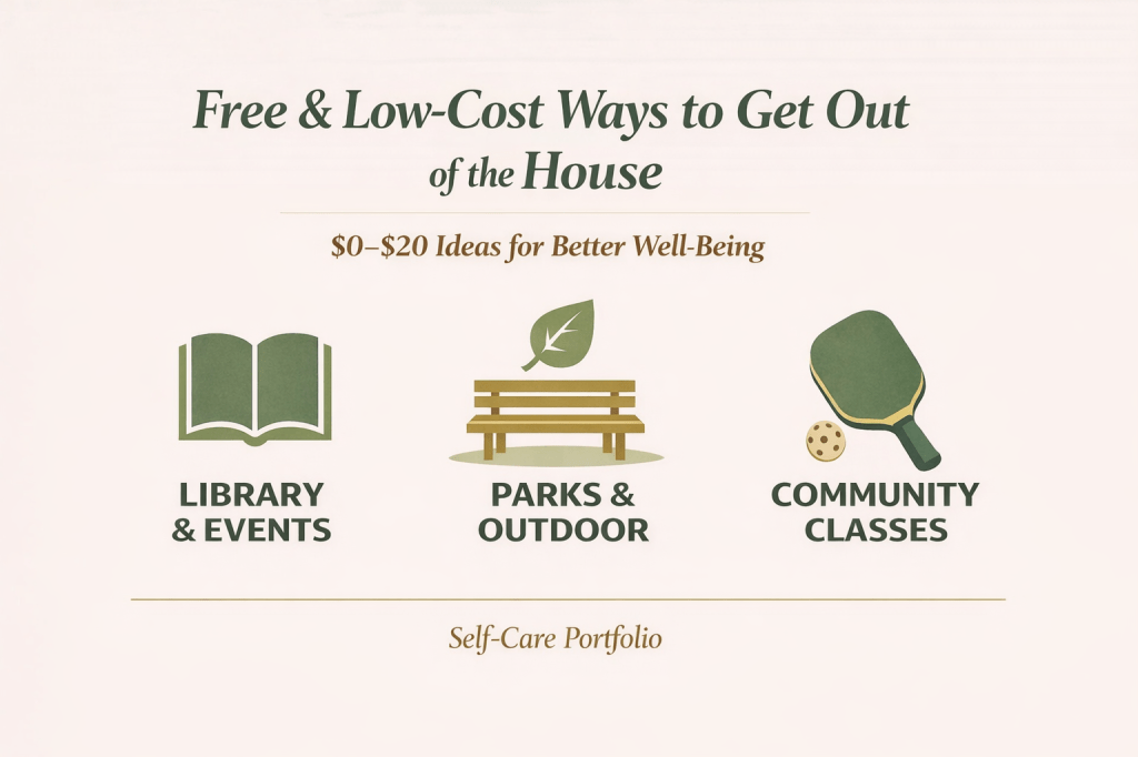 Infographic titled “Free & Low-Cost Ways to Get Out of the House” with subheading “$0–$20 Ideas for Better Well-Being.” Three illustrated sections show a book icon labeled “Library & Events,” a park bench labeled “Parks & Outdoor,” and a paddle icon labeled “Community Classes,” in a calm green and beige color palette by Self-Care Portfolio.
