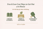 Infographic titled “Free & Low-Cost Ways to Get Out of the House” with subheading “$0–$20 Ideas for Better Well-Being.” Three illustrated sections show a book icon labeled “Library & Events,” a park bench labeled “Parks & Outdoor,” and a paddle icon labeled “Community Classes,” in a calm green and beige color palette by Self-Care Portfolio.