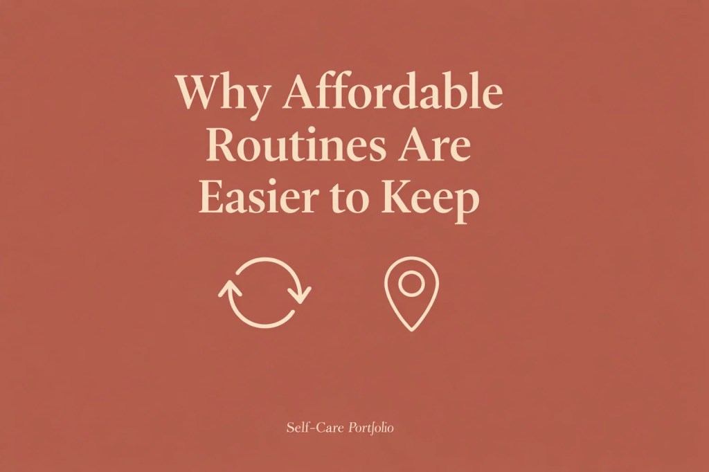 Burnt orange infographic with bold cream text reading ‘Why Affordable Routines Are Easier to Keep,’ featuring repeat loop and location pin icons