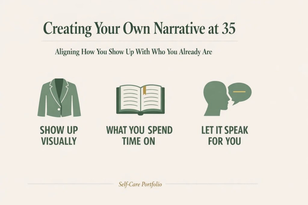 Clean editorial infographic about aligning identity and self-expression in adulthood, with icons for style, interests, and personal clarity under a bold headline.