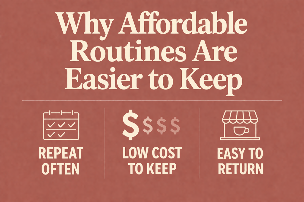 Minimalist infographic on a warm terracotta background with a large cream serif headline reading “Why Affordable Routines Are Easier to Keep.” Below are three columns: “Repeat Often” with a calendar icon, a pricing visual showing one bold dollar sign and three faded ones labeled “Low Cost to Keep,” and “Easy to Return” with a small storefront and coffee cup icon.