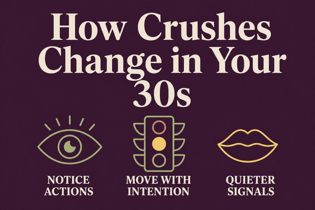 Deep plum infographic with large cream headline ‘How Crushes Change in Your 30s’ and three icons labeled ‘Notice Actions,’ ‘Move With Intention,’ and ‘Quieter Signals.