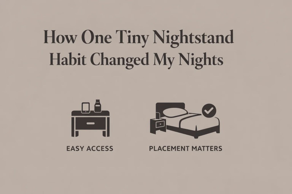 Minimalist infographic with warm taupe background. Headline: “How One Tiny Nightstand Habit Changed My Nights.” Two icons at the bottom: “Easy Access” and “Placement Matters.” Clean, calm, and inviting design.