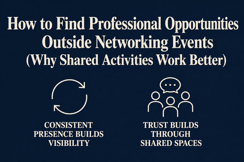 Minimalist navy infographic with cream text about finding professional opportunities outside networking events, featuring icons for consistency and trust in shared activity-based spaces.