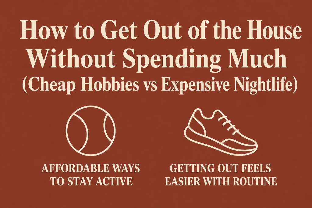 Minimalist terracotta infographic with cream headline about getting out of the house without spending much, featuring tennis and running icons for affordable activity and routine.