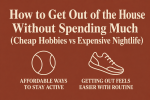 Minimalist terracotta infographic with cream headline about getting out of the house without spending much, featuring tennis and running icons for affordable activity and routine.