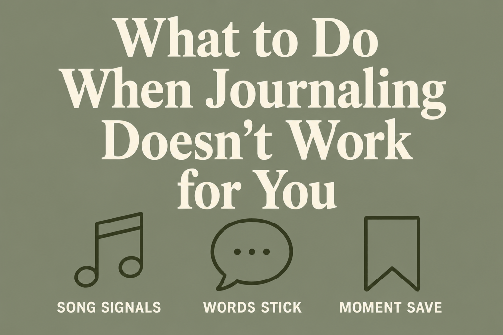 Minimalist sage green infographic titled “What to Do When Journaling Doesn’t Work for You” with music note, speech bubble, and bookmark icons labeled “Song Signals,” “Words Stick,” and “Moment Save.”