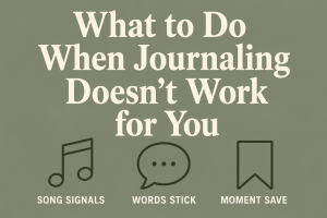 Minimalist sage green infographic titled “What to Do When Journaling Doesn’t Work for You” with music note, speech bubble, and bookmark icons labeled “Song Signals,” “Words Stick,” and “Moment Save.”