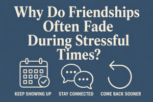 Minimalist slate blue infographic titled “Why Do Friendships Often Fade During Stressful Times?” with calendar, speech bubble, and return arrow icons labeled “Keep Showing Up,” “Stay Connected,” and “Come Back Sooner.