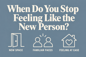 Minimalist blue-gray infographic titled “When Do You Stop Feeling Like the New Person?” with icons representing a new space, familiar faces, and feeling at ease.