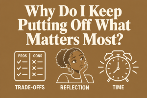Minimalist bronze infographic titled “Why Do I Keep Putting Off What Matters Most?” featuring a pros-and-cons checklist, a thoughtful Nova with natural hair, and an alarm clock representing trade-offs, reflection, and time.